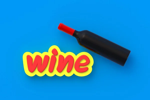 Şarap Sözcüğü Mavi Arka Planda Şişenin Yanında Hazırlayıcı — Stok fotoğraf