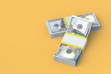 Stack of dollar banknotes. Economic indicators. Statistical data. Income increase. Investment growth. Refinancing of banking sector. Financial help. Rise in profits. Big fee. Copy space. 3d render