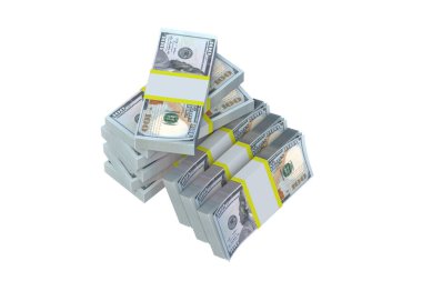 Beyaz arka planda izole edilmiş dolar banknotları. Yığınla para. Yığınla para. 3d hazırlayıcı