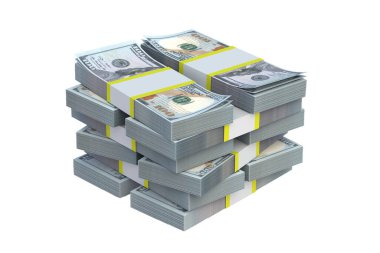 Beyaz arka planda izole edilmiş dolar banknotları. Yığınla para. Yığınla para. 3d hazırlayıcı
