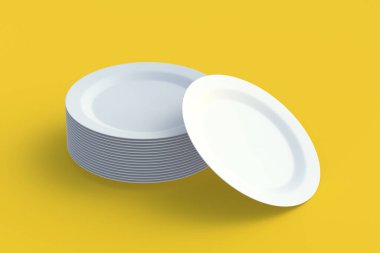 Sarı arka planda bir yığın yuvarlak tabak. 3d hazırlayıcı