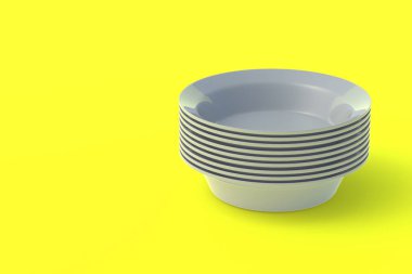 Sarı arka planda bir yığın kase. Uzayı kopyala 3d hazırlayıcı