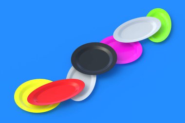 Mavi arka planda farklı renk plakalar. Üst Manzara. 3d hazırlayıcı