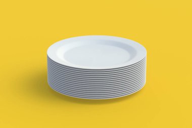 Sarı zemin üzerinde boş beyaz plakalar yığını. 3d hazırlayıcı