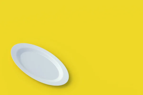 Oval Plate Yellow Background Top View Copy Space Render — Stock Fotó