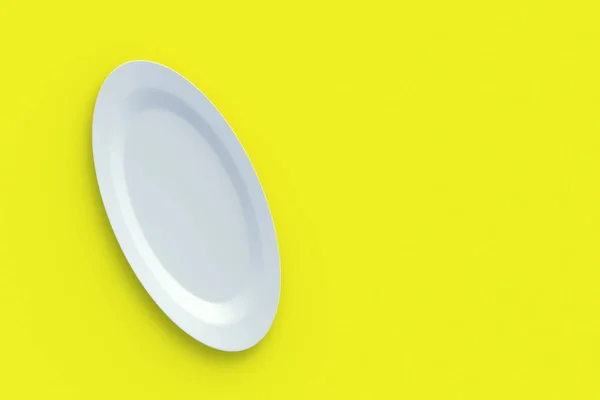 White Oval Plate Yellow Background Top View Copy Space Render — Stock Fotó