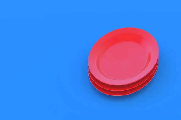 Stack Red Plates Blue Background Copy Space Render — Foto Stock