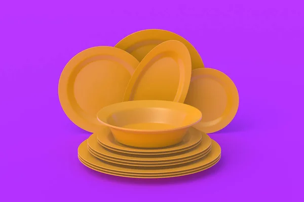Set Different Orange Plates Violet Background Top View Copy Space — Stok fotoğraf