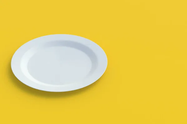 White Ceramic Plate Yellow Background Copy Space Render — Zdjęcie stockowe