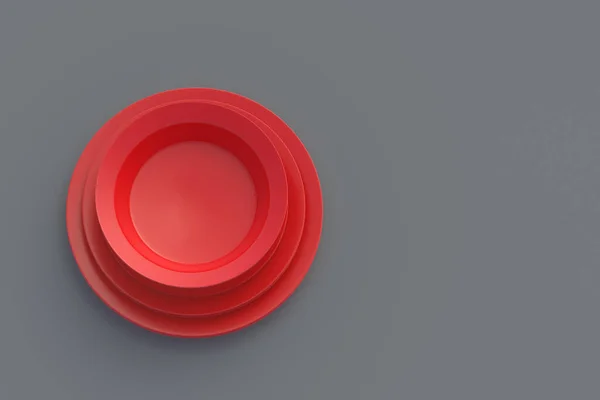 Set Red Plates Gray Background Top View Copy Space Render — 스톡 사진