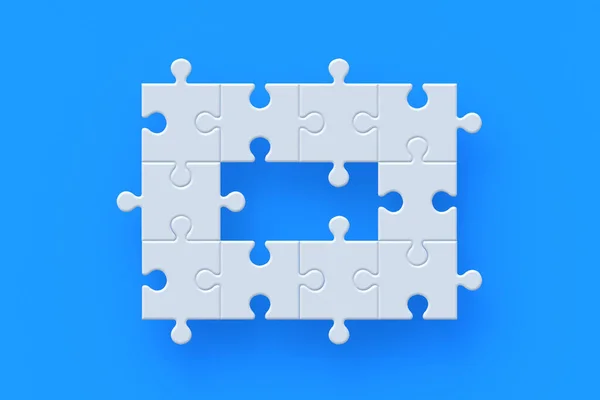 Unfinished White Jigsaw Puzzle Pieces Blue Background Render — Zdjęcie stockowe