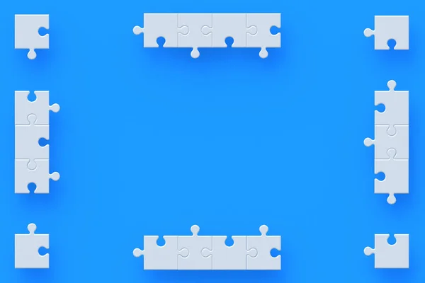 Unfinished Blank Jigsaw Puzzle Pieces Blue Background Flat Lay Copy — Fotografia de Stock