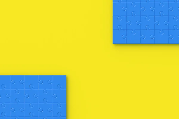 Blaue Puzzleteile Auf Gelbem Hintergrund Kopierraum Ansicht Von Oben Darstellung — Stockfoto