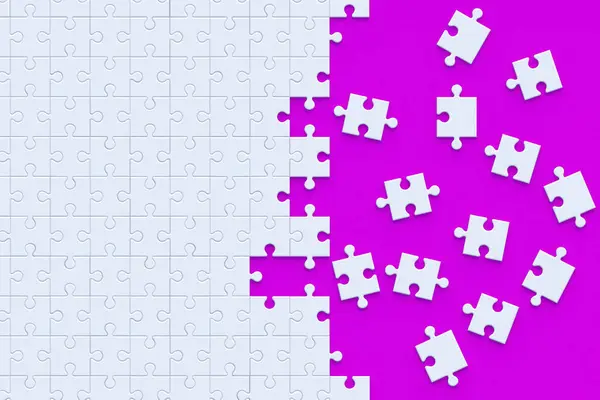 Viele Unfertige Puzzleteile Auf Violettem Hintergrund Ansicht Von Oben Darstellung — Stockfoto