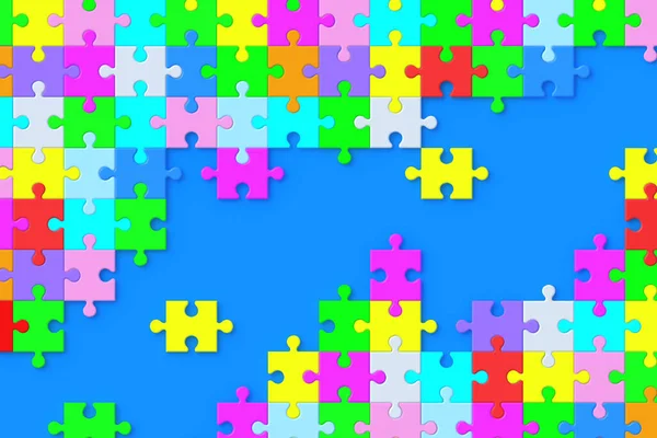 Lot Unfinished Colorful Puzzle Jiggle Pieces Violet Background Flat Lay — Stockfoto