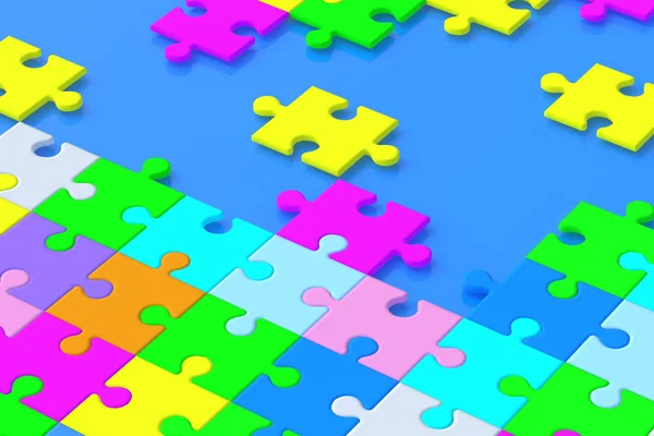 Many Unfinished Colorful Puzzle Jiggle Pieces Blue Background Render — Stockfoto