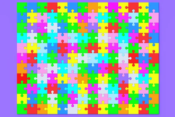 Many Connected Colorful Puzzle Jiggle Pieces Violet Background Render — Stockfoto