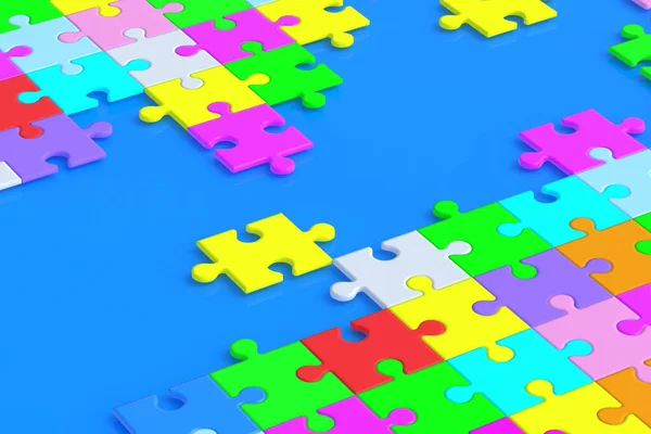 Lot Unfinished Colorful Puzzle Jiggle Pieces Blue Background Render — Stockfoto