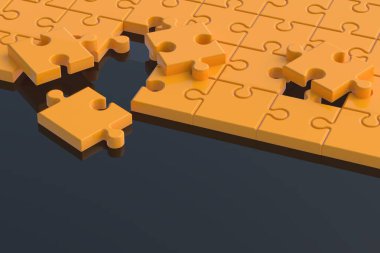 Siyah arka planda bitmemiş turuncu yapboz parçaları. Uzayı kopyala 3d hazırlayıcı