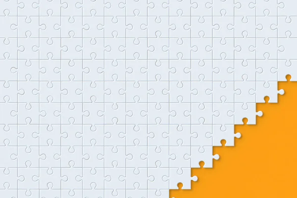 橙色背景上未完成的空白拼图块 顶部视图 3D渲染 — 图库照片