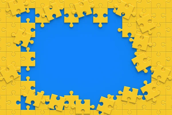Niedokończony Żółty Puzzle Kawałki Niebieskim Tle Odbiór Widok Góry Leżeć — Zdjęcie stockowe