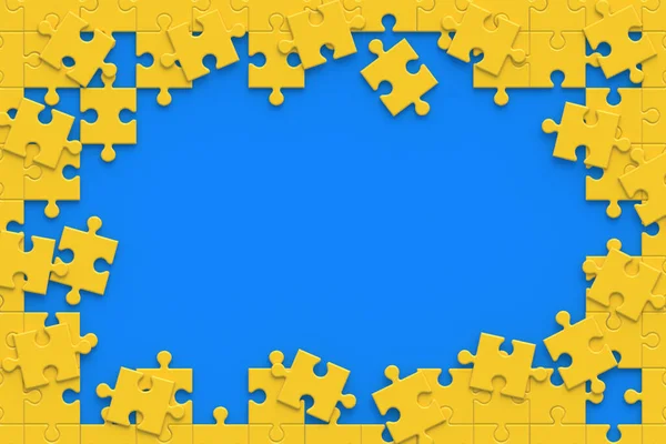 Unfinished Yellow Jigsaw Puzzle Pieces Blue Background Copy Space Flat — Fotografia de Stock