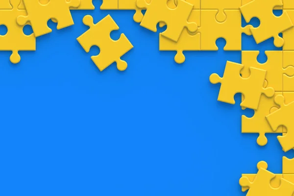 Незакінчені Порожні Жовті Фігури Головоломки Синьому Фоні Копіювати Простір Вид — стокове фото