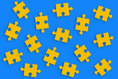 Mavi arka plana boş yapboz parçaları serpiştirilmiş. Üst Manzara. 3d hazırlayıcı