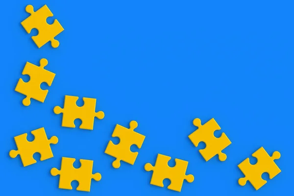 Strewn Jigsaw Puzzle Pieces Blue Background Copy Space Top View — Stock Fotó