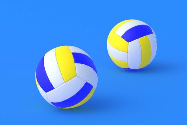 Mavi arka planda voleybol topları. Spor malzemeleri. Uluslararası turnuva. Şampiyon. Spor okulunda eğitim. Kapalı, açık hava oyunları. 3d hazırlayıcı