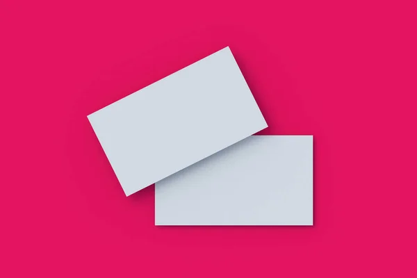 White blank business cards on red background. Top view. 3d render