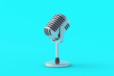 Mavi arka planda Retro tarzı mikrofon. Radyo yayını. Çevrimiçi görüşme. Ses kayıt cihazları. Yeni şarkı. Şarkı kaydı. Karaoke bar. 3d hazırlayıcı