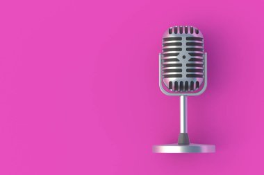 Pembe arka planda eski bir metalik mikrofon. Radyo yayını. Çevrimiçi görüşme. Ses kayıt cihazları. Yeni şarkı. Şarkı kaydı. Karaoke bar. Üst Manzara. Uzayı kopyala 3d hazırlayıcı