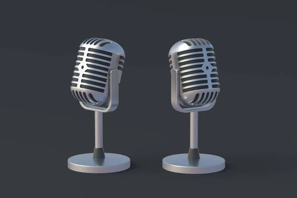 Gri Arka Planda Klasik Metalik Mikrofonlar Radyo Yayını Çevrimiçi Görüşme — Stok fotoğraf