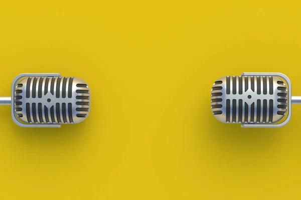 两个带黄色背景的复古风格金属麦克风 无线电广播 在线采访 录音设备 歌曲录音 卡拉Ok吧 顶部视图 复制空间 3D渲染 — 图库照片