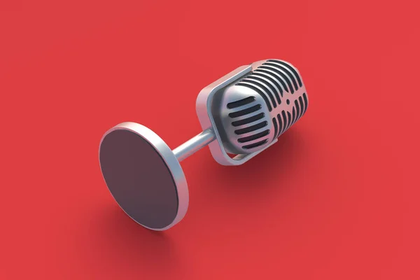 红色背景的老式麦克风 无线电广播 在线采访 录音设备 歌曲录音 卡拉Ok吧 3D渲染 — 图库照片