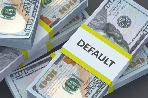 Inscription default on stack of money. Financial crisis. Default on debt obligations. Bankruptcy of the banking sector. Economic problem. Inflation, devaluation. 3d render