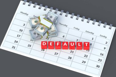Kâğıt takvime para yığının yanındaki küplerde varsayılan sözcük. Finansal kriz. Borç yükümlülüklerinde öntanımlı. Bankacılık sektörünün iflası. Ekonomik bir sorun. Enflasyon, devalüasyon. 3d hazırlayıcı
