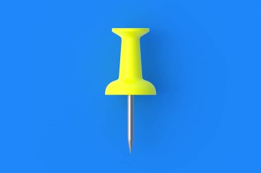 Mavi arkaplanda sarı düğme var. Kırtasiye aletleri. Ofis malzemeleri. Okul eğitimi. 3d hazırlayıcı