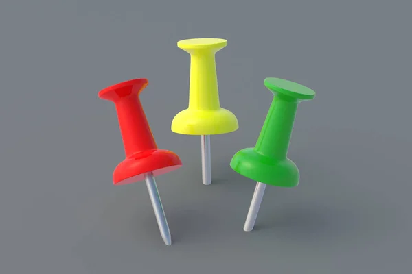 Pinned different color push pins on gray background. Stationery tools. Office equipment. School education. 3d render