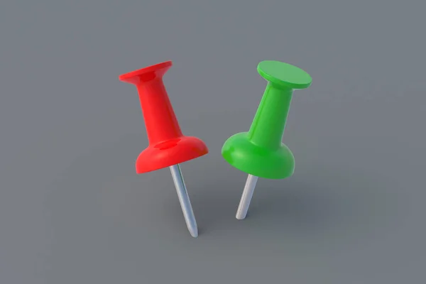 Zwei Verschieden Farbige Push Pins Auf Grauem Hintergrund Schreibwaren Büroausstattung — Stockfoto