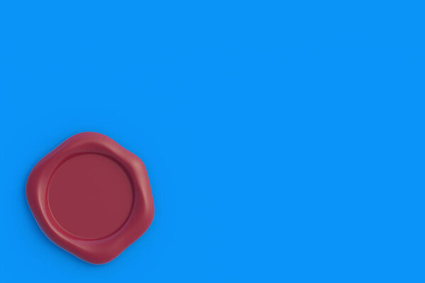 Blank red seal wax stamp without rope in corner. Top view. Copy space. 3d render