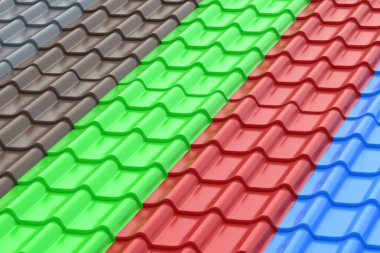 Farklı renkte metal çatı fayansları. Çağdaş çatı sistemi. İnşaat malzemeleri. Bir tür ev örtüsü. Kapatın. 3d hazırlayıcı