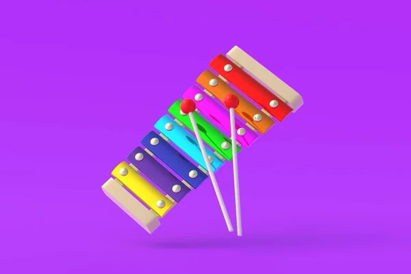 Kolorowy Ksylofon Pałeczkami Fioletowym Tle Zabawka Dla Dzieci Edukacja Przedszkolna — Zdjęcie stockowe