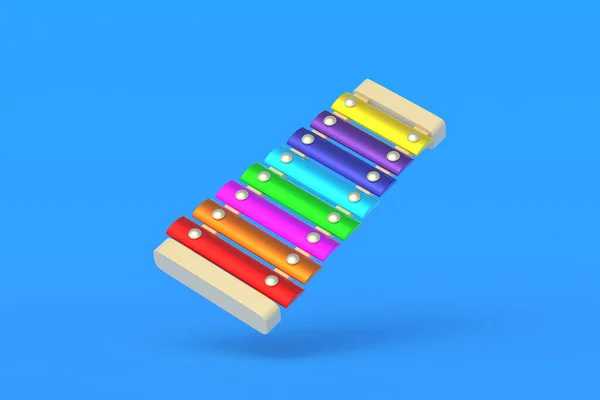 Flying xylophone on blue background. Kids toy. Preschool education. Musical instrument. Funny laisure. 3d render