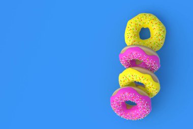 Mavi arka planda farklı çörekler serpiştirilmiş. Ev yapımı fırın. Mola zamanı. Tatlı tatlı. Fast food. Üst Manzara. Uzayı kopyala 3d hazırlayıcı