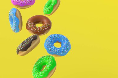 Sarı arka planda düşen çörekler. Ev yapımı fırın. Mola zamanı. Tatlı tatlı. Fast street food. Uzayı kopyala 3d hazırlayıcı