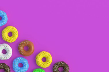 Menekşe arka planda bir sürü donut var. Ev yapımı fırın. Mola zamanı. Tatlı tatlı. Fast food. Üst Manzara. Uzayı kopyala 3d hazırlayıcı