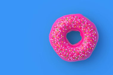 Mavi arka planda jöleli çörek. Ev yapımı fırın. Mola zamanı. Tatlı tatlı. Fast food. Üst Manzara. Uzayı kopyala 3d hazırlayıcı