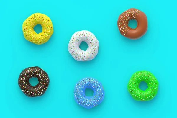 Diverse Geglazuurde Donuts Blauwe Achtergrond Zelfgemaakte Bakkerij Tijd Voor Pauze — Stockfoto